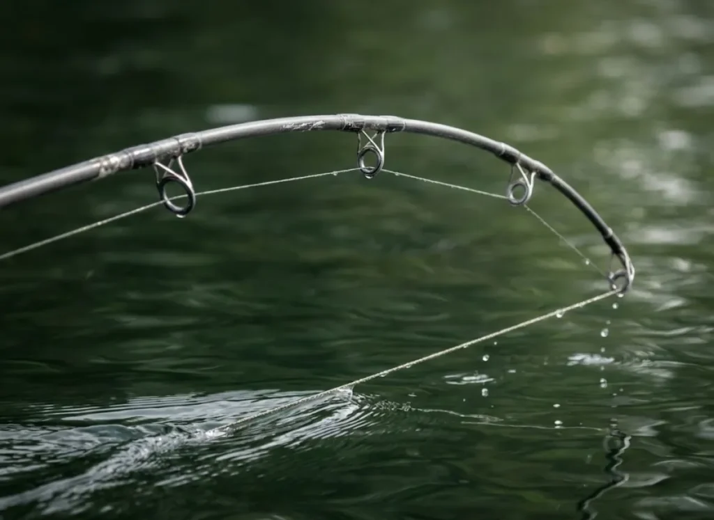 Close-up of a fishing rod tip bent under heavy load with taut line cutting through the water surface.