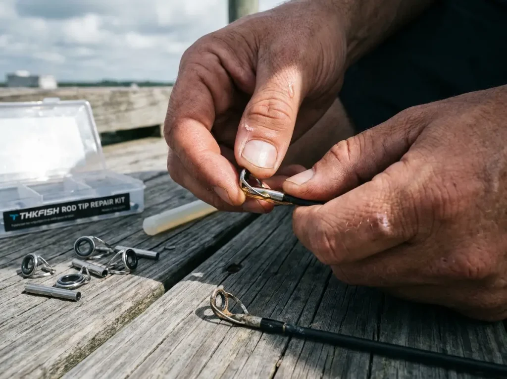 Hands fitting a replacement tip top from a rod tip repair kit onto a rod