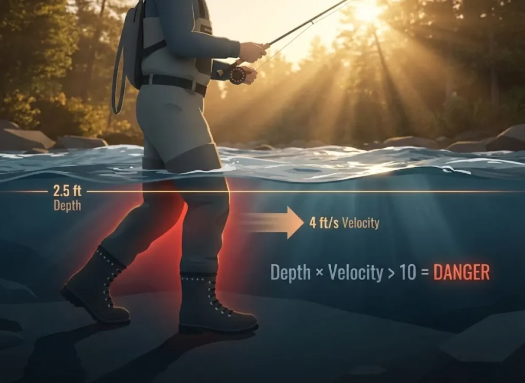 A high-quality editorial infographic showing a cross-section of a river with a wading angler. Graphic overlays indicate water depth at knee, thigh, and waist levels, paired with velocity arrows to illustrate the "Rule of 10" safety calculation.