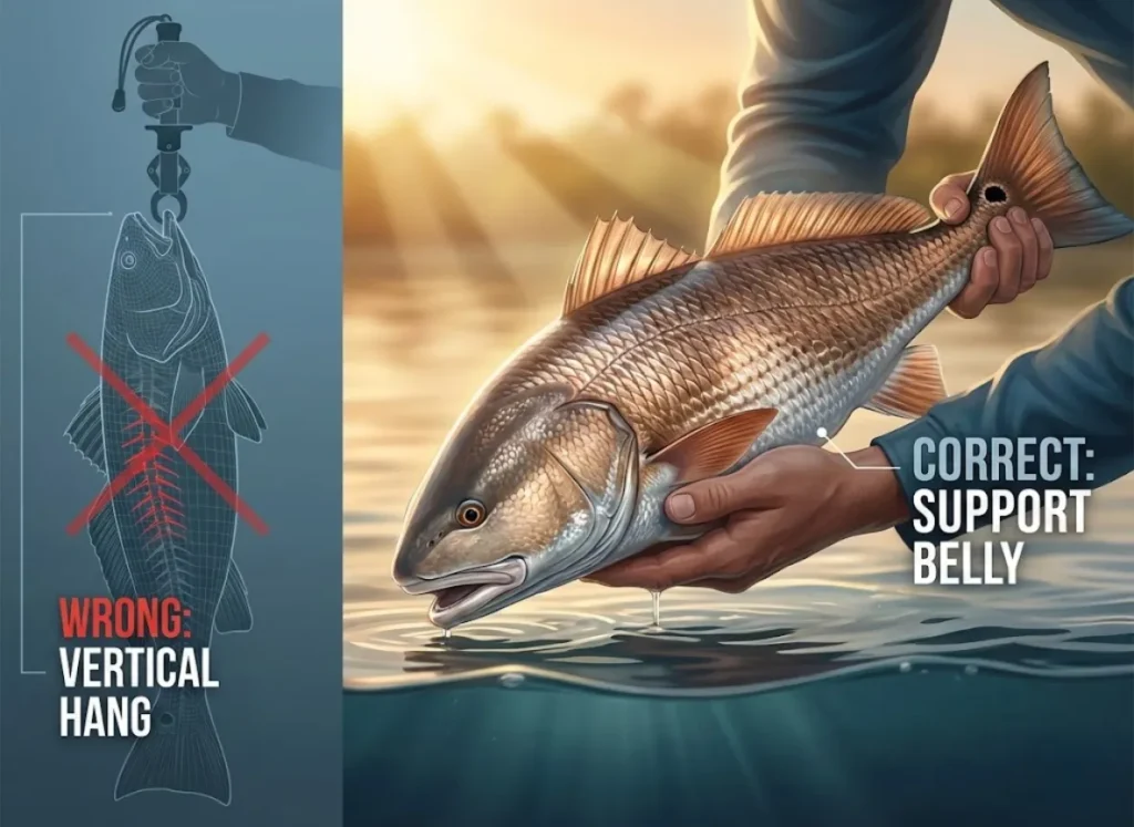 An educational split-panel illustration comparing fish handling techniques. The left side shows a dangerous vertical jaw hold with a warning icon; the right side shows a safe horizontal hold supporting the fish's belly and tail, featuring a Bull Redfish.