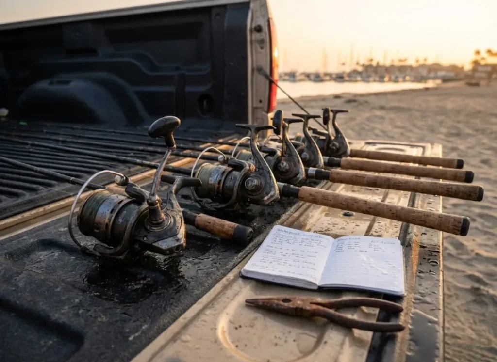 A row of various saltwater spinning reels lined up on a surface near the water, ready for field testing at sunrise.