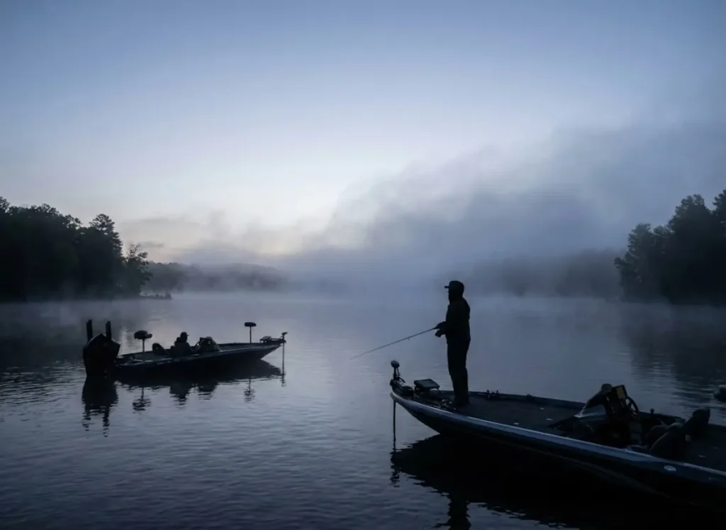 A bass boat on a foggy lake at dawn with an angler standing on the bow looking for fishing spots.