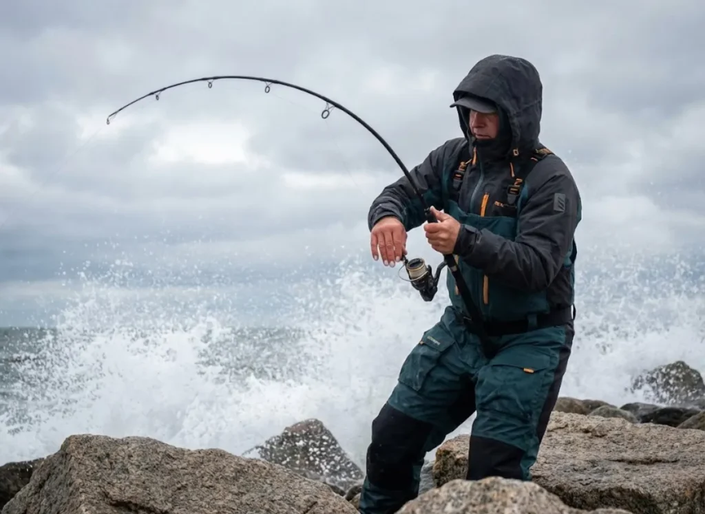 An angler battling a large fish from a rocky jetty with waves crashing and rod bent heavily.