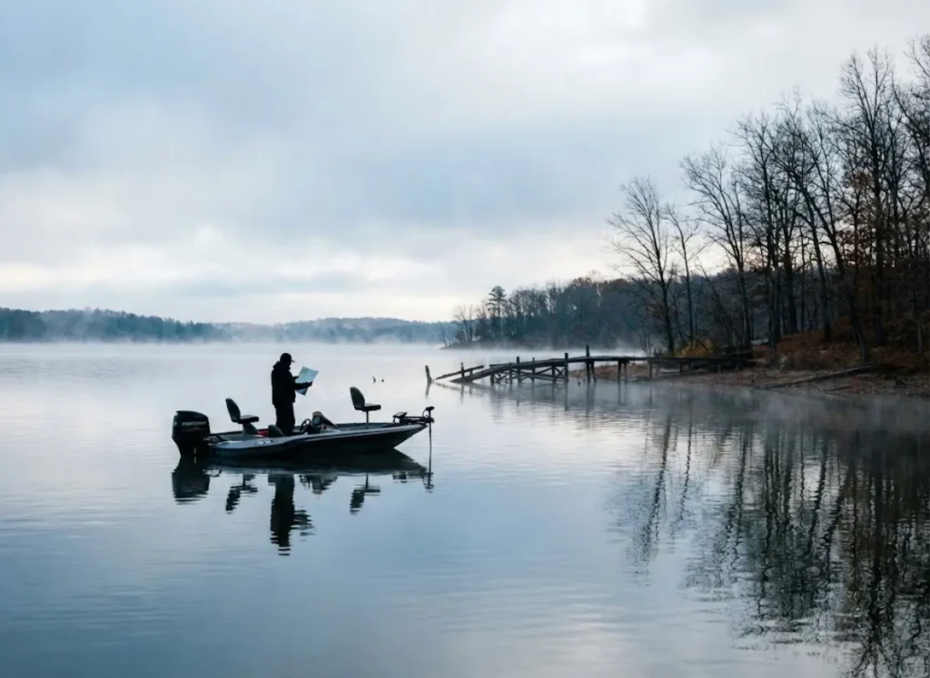 A fishing boat positioned near concrete bridge pilings on a calm lake with autumn foliage in the background.