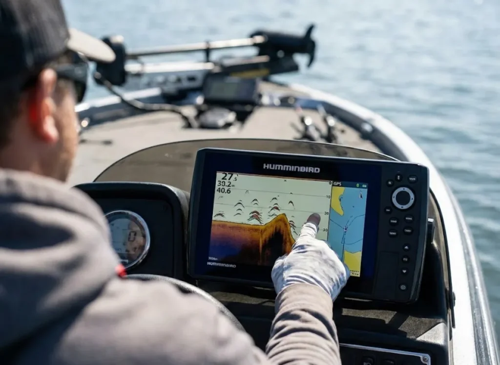 Angler looking at a fish finder sonar screen showing walleye arches on a drop-off.