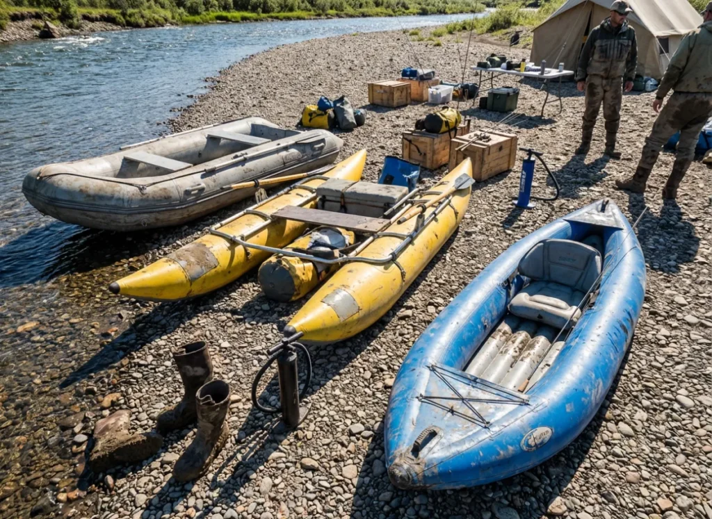 Three different inflatable fishing boats lined up on a riverbank for a comparative field test.