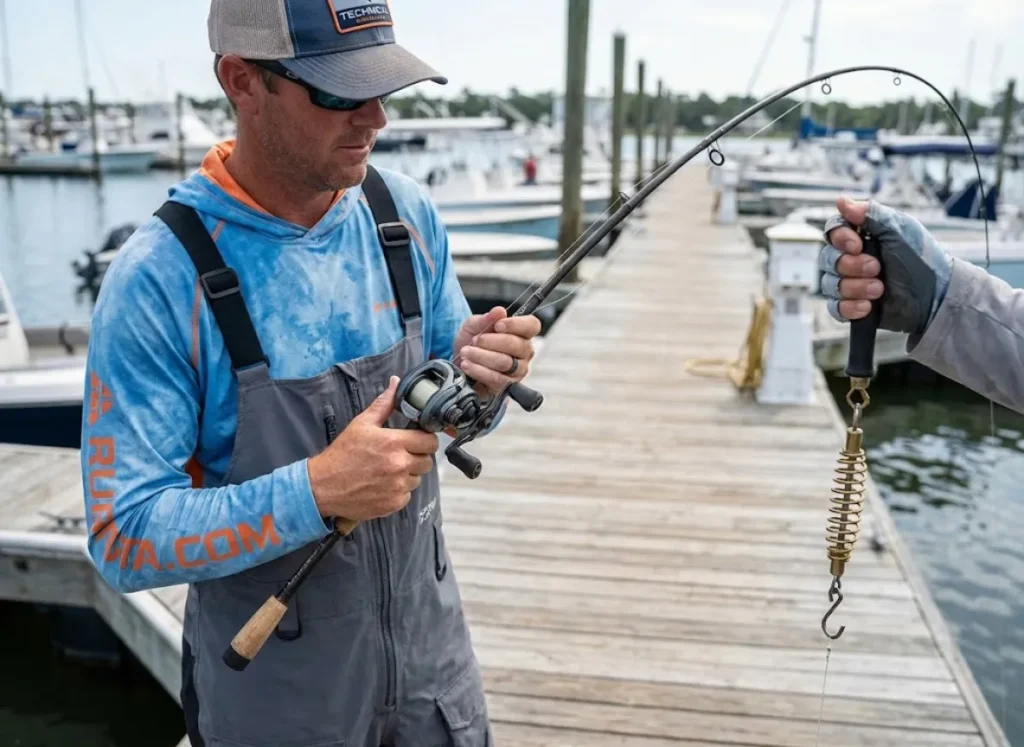 Angler holding a fishing rod at a 45-degree angle while using a spring scale to measure drag tension.