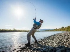 Set the Hook: Mechanics for Bass, Walleye & More A full-body shot of a man in fishing gear setting the hook hard while fishing from a riverbank, his rod bent significantly.