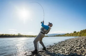 Set the Hook: Mechanics for Bass, Walleye & More A full-body shot of a man in fishing gear setting the hook hard while fishing from a riverbank, his rod bent significantly.