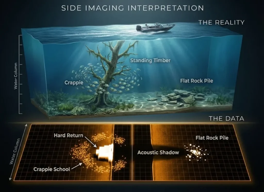 A split-view educational infographic. The top half shows a realistic underwater cross-section with a boat, standing timber, and fish. The bottom half shows the corresponding high-tech Side Imaging sonar view, illustrating how the tree creates a bright return and a long acoustic shadow, while fish appear as "popcorn" grains.