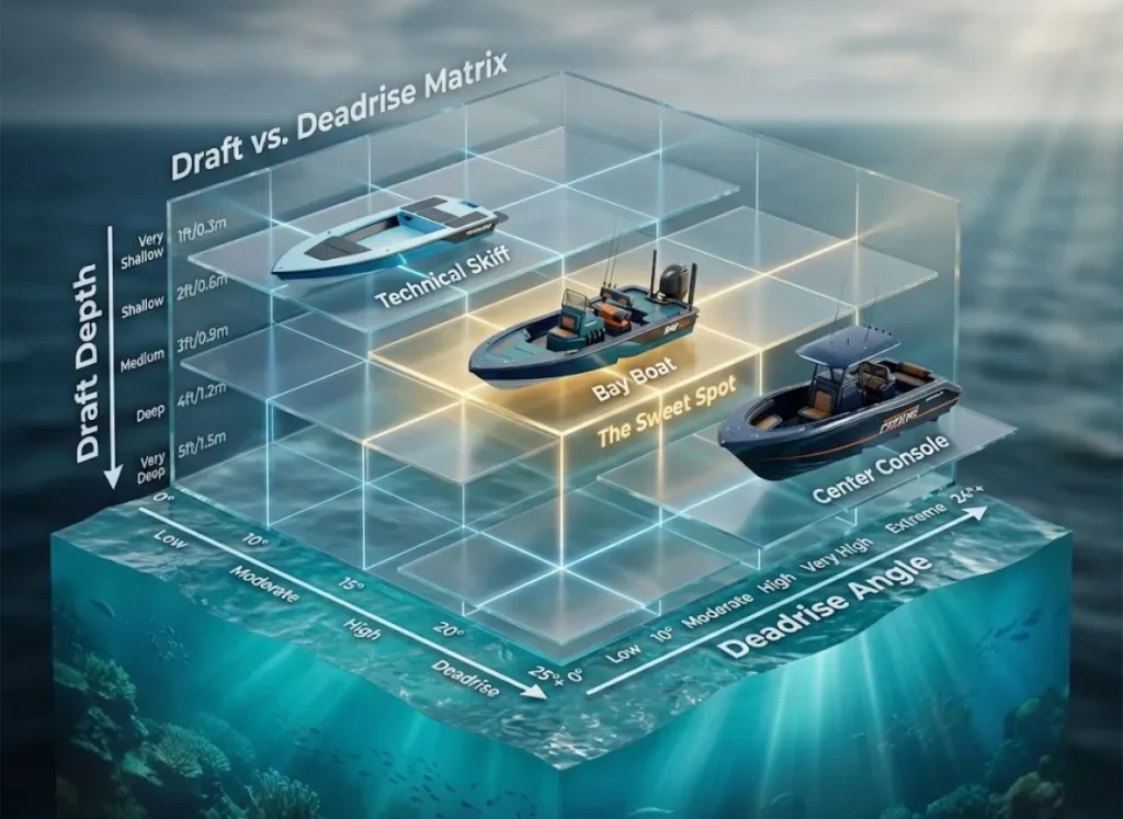 A sophisticated 3D infographic matrix charting boat types against water depth. It visually compares Technical Skiffs, Bay Boats, and Center Consoles, highlighting the "Sweet Spot" for draft versus deadrise capabilities.
