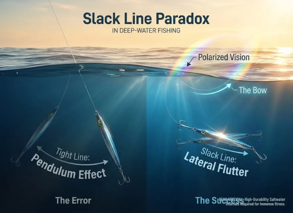 A split-screen educational illustration comparing fishing line dynamics. On the left, a tight line causes a jig to swing stiffly like a pendulum. On the right, a slack line allows the jig to flutter laterally. Key labels include "Pendulum Effect," "The Bow," and "Lateral Flutter." The style is a high-end blend of 3D realism and vector art.