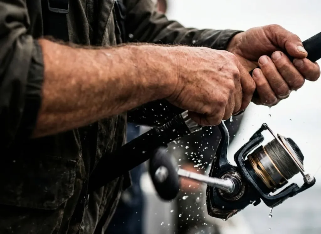 A close-up action shot showing the blur of an angler's hand cranking the reel while lifting the rod in a rhythmic jigging cadence.