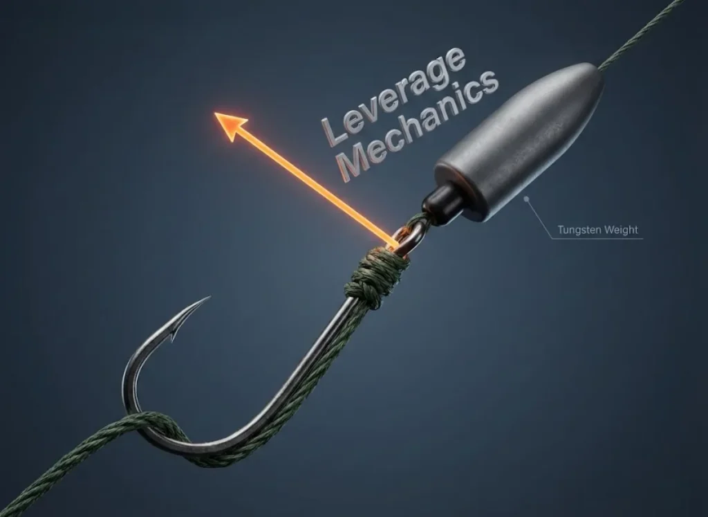 A split-view technical illustration. The main visual is a hyper-realistic macro close-up of a straight shank fishing hook tied with green braided line and a tungsten weight. Overlaid are glowing vector graphics demonstrating the physics of the Snell knot, showing a directional arrow labeled "Leverage" kicking the hook point upward. The style is a blend of 3D realism and clean vector schematics.
