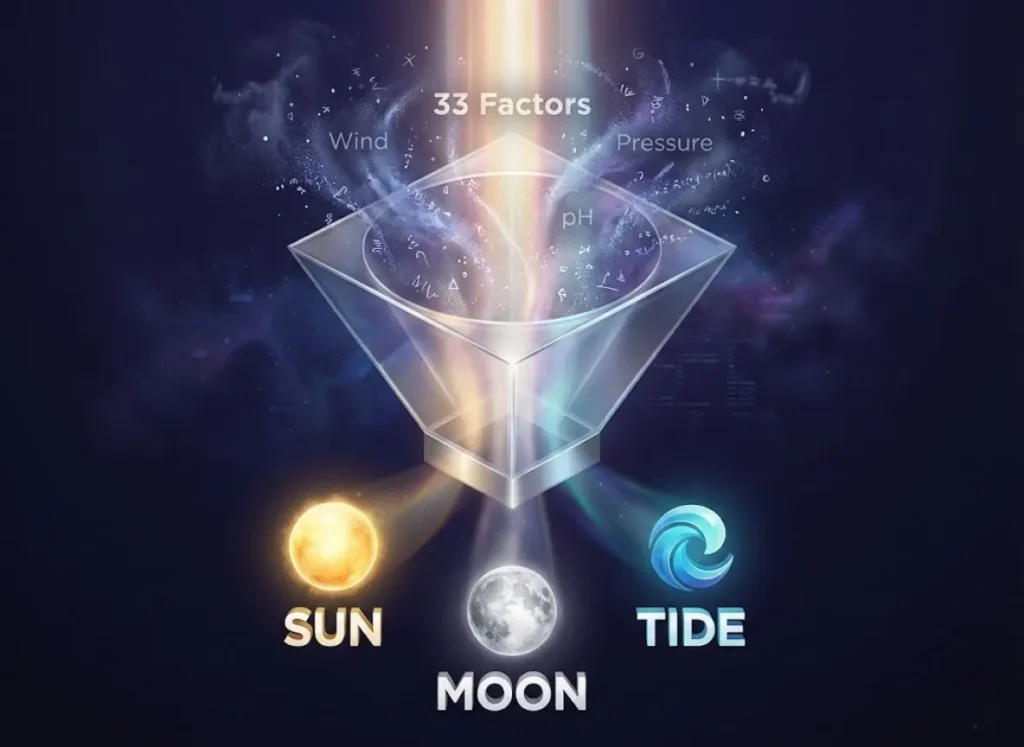 A stylized diagram illustrating John Alden Knight's deduction process. A funnel shape filters a chaotic cloud of variables labeled '33 Factors' at the top down to three distinct, glowing elements at the bottom labeled 'Sun', 'Moon', and 'Tide'.