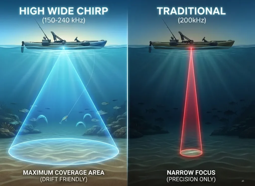 A split-screen infographic illustrating sonar beam dynamics for kayak fishing. The left side shows a wide blue cone from a kayak labeled "HIGH WIDE CHIRP (150-240 kHz)" covering a large seabed area with many fish. The right side shows a narrow red cone labeled "TRADITIONAL (200kHz)" covering a tiny seabed area, missing surrounding fish. The style is clean vector-realism with volumetric underwater lighting.