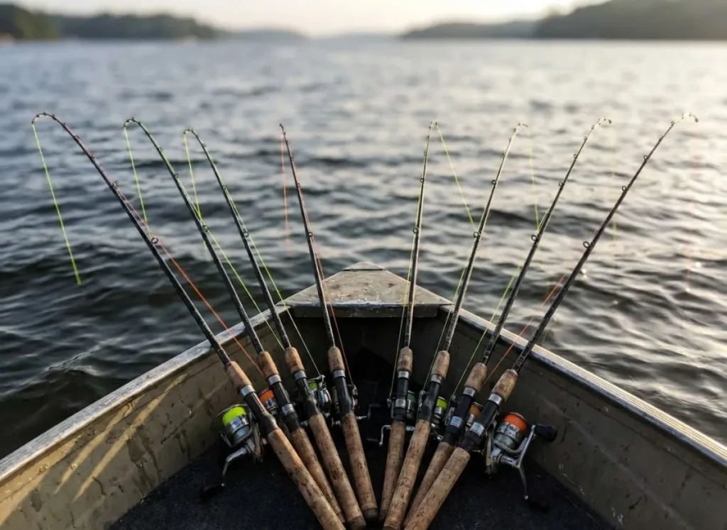 A spider rigging setup with multiple long fishing rods fanned out across the bow of a boat over open water.