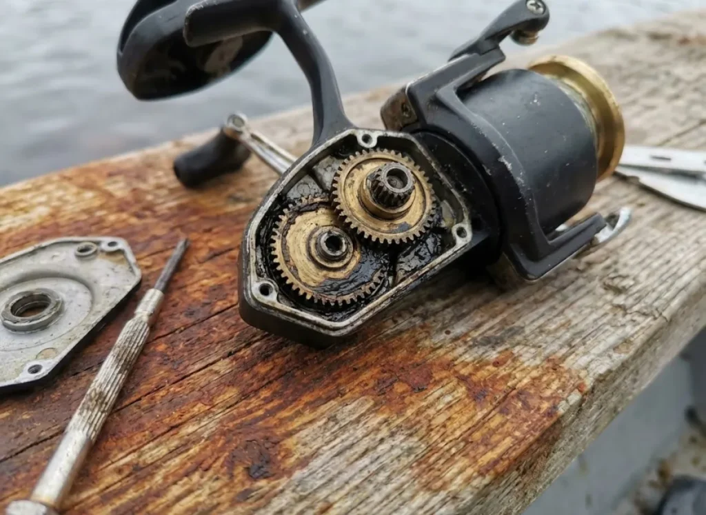 Internal gears of a spinning reel exposed on a wooden surface for inspection.