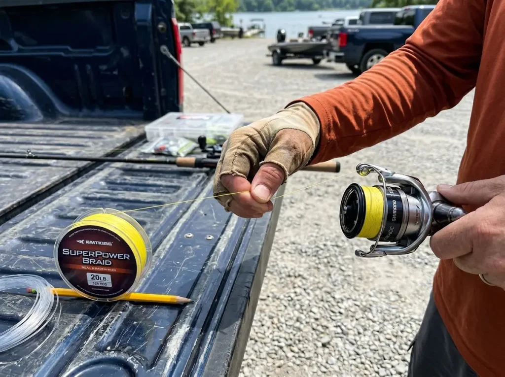 Hands spooling braided line onto a spinning reel under tension to prevent wind knots