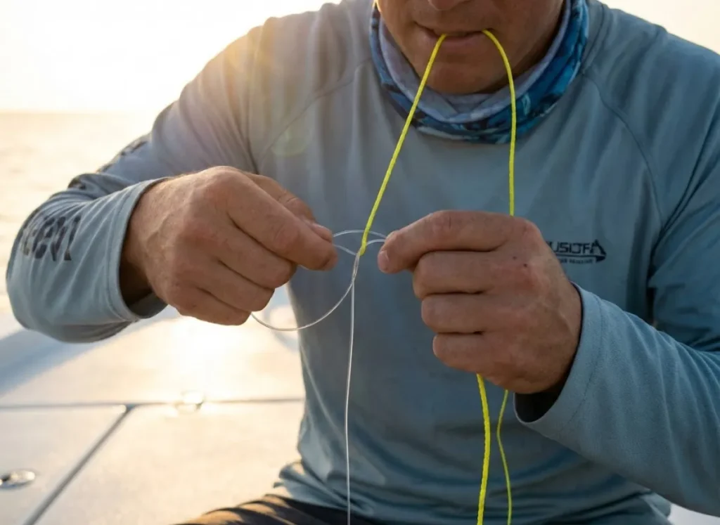 Angler tying a braid-to-leader splice knot using the tension method with line held in teeth during sunrise.