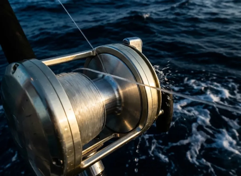 Close-up of a fishing reel with a half-empty spool, illustrating the change in diameter and physics during a fight.