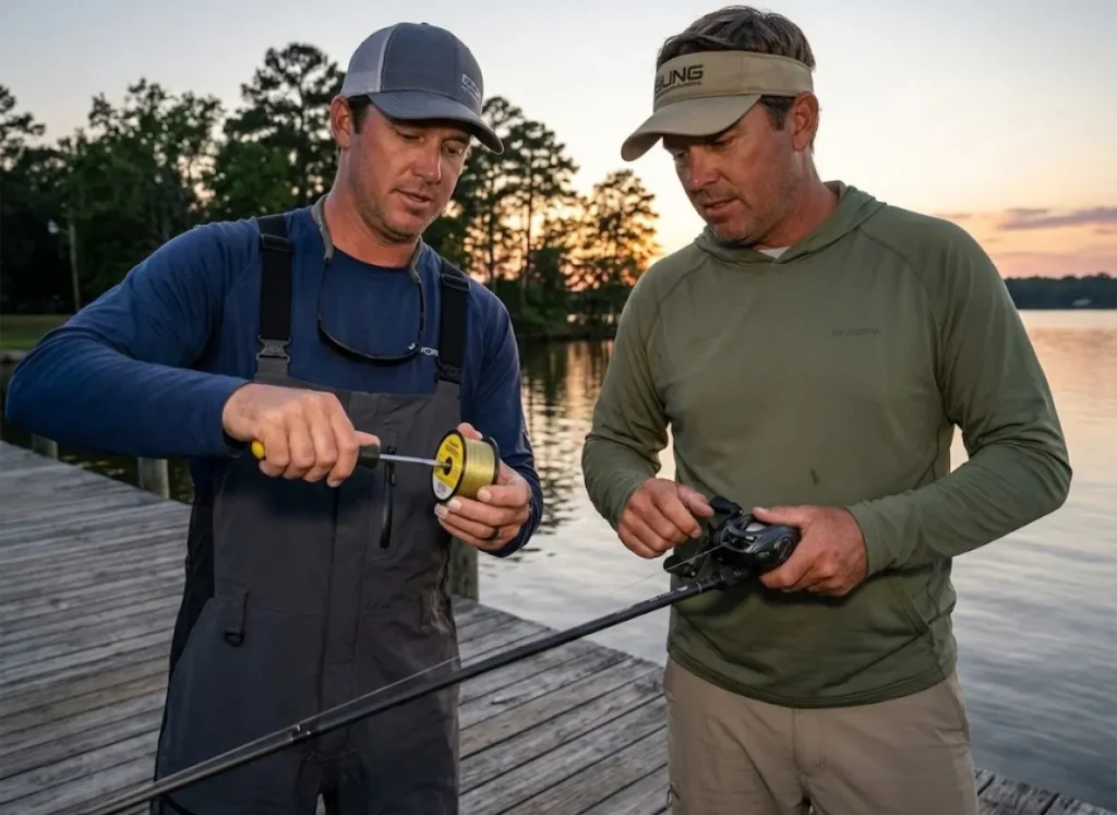 Two anglers using the pencil method to spool braided line onto a baitcasting reel on a dock.