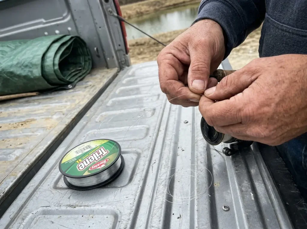 Spooling Berkley Trilene monofilament onto a spinning reel, the easy beginner fishing line