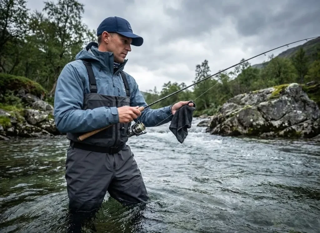 Angler standing in a river winding line onto a spinning reel while applying tension with a wet cloth.