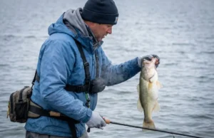 Spring Bass Fishing Guide: 48°F to 60°F Tactics Angler in cold weather gear holding a largemouth bass on a cloudy spring day.