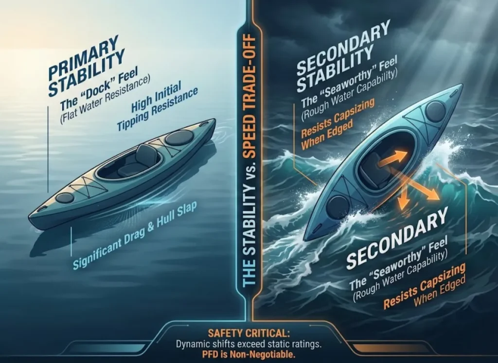 A split-screen infographic illustrating boat stability mechanics. The left panel shows a flat-bottom hull on calm water labeled "PRIMARY STABILITY," highlighting initial resistance. The right panel shows a rounded hull leaned heavily in rough waves labeled "SECONDARY STABILITY," with force vectors indicating recovery from capsizing. A central divider mentions the "Speed vs. Stability Trade-off," and a safety note about PFDs is at the bottom.