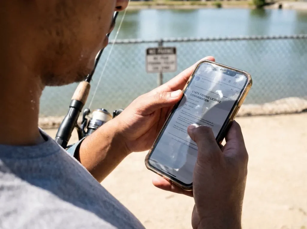 Angler holding a phone showing a state fishing license at the bank before fishing