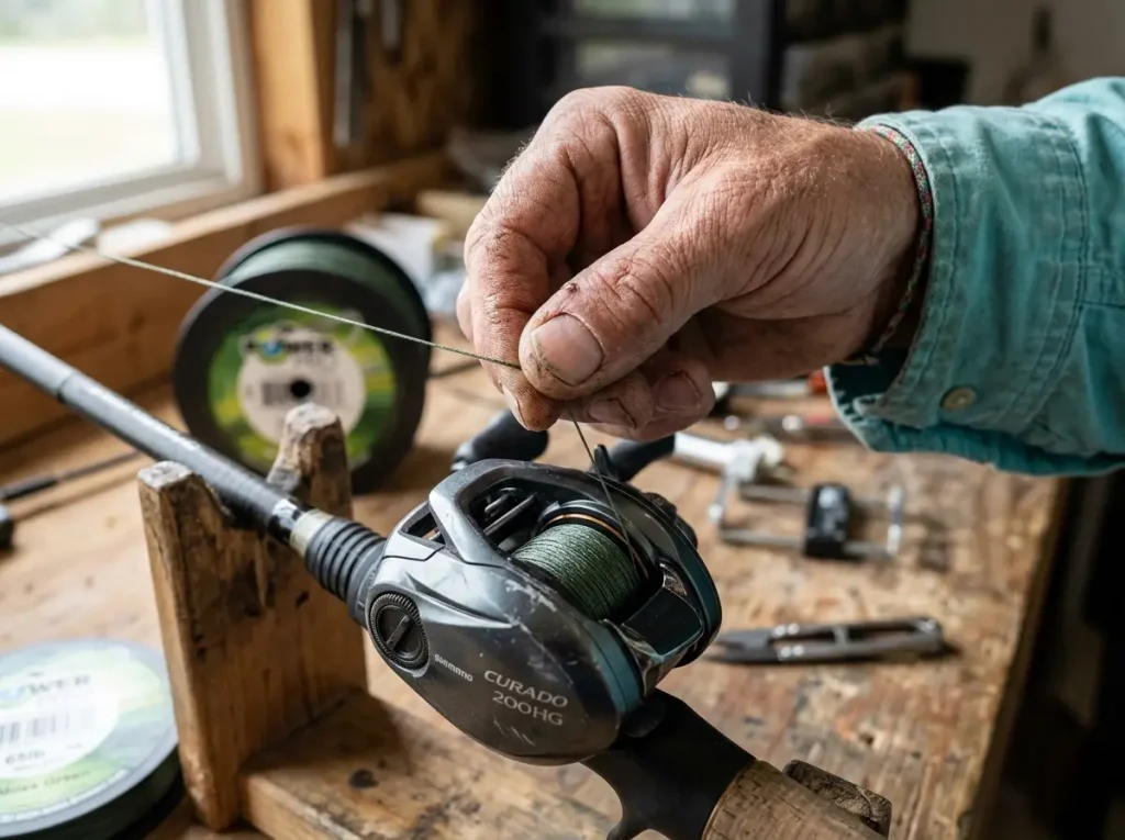 Close-up of braided fishing line weave being spooled onto a baitcasting reel showing strand texture