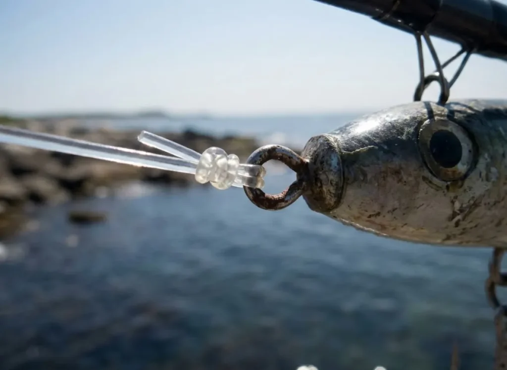 Close-up of a fishing lure attached to a heavy leader with a perfectly tied knot against a blurred outdoor background.