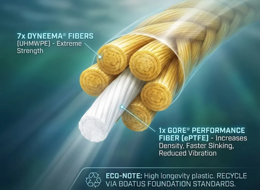 A detailed microscopic infographic cross-section of a Sufix 832 braided fishing line strand. It visualizes seven yellow Dyneema fibers for strength surrounding one central white GORE fiber for density and sinking, with accompanying text labels explaining their functions and a note on environmental recycling via BoatUS Foundation.