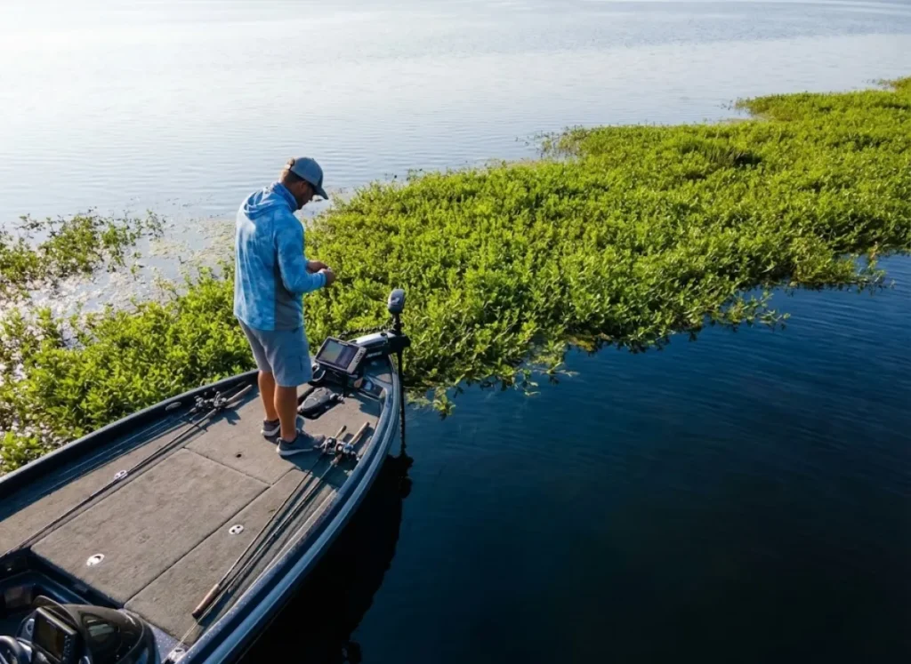 Bass boat positioned on a deep water ledge next to a weed line during a hot day.