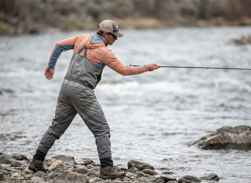 Angler on a river bank demonstrating a horizontal sweep hook set technique.