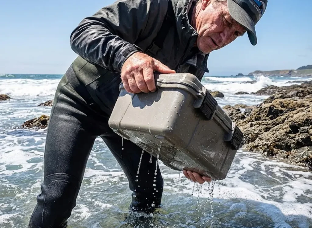 A field tester lifting a tackle box out of the water to check for leaks during a durability test.