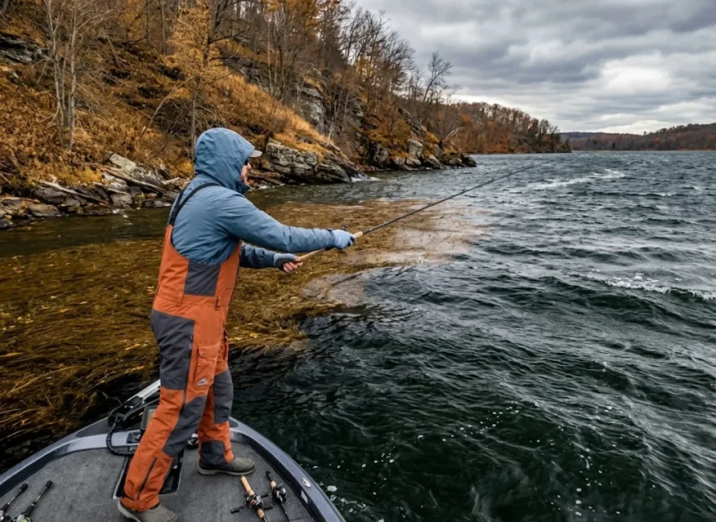 Angler casting towards a rocky point and weed line transition on a windy autumn lake.