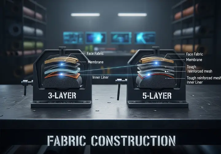 An infographic in a high-tech lab setting, showing a side-by-side cutaway comparison of 3-layer and 5-layer fabrics held in industrial clamps, with holographic labels pointing to each layer.