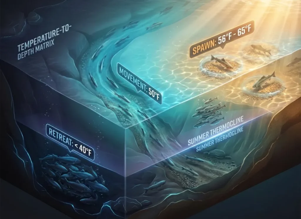 A 3D cross-section diagram of a lake showing fish migration patterns based on water temperature, ranging from deep basins at 40°F to shallow spawning flats at 65°F.