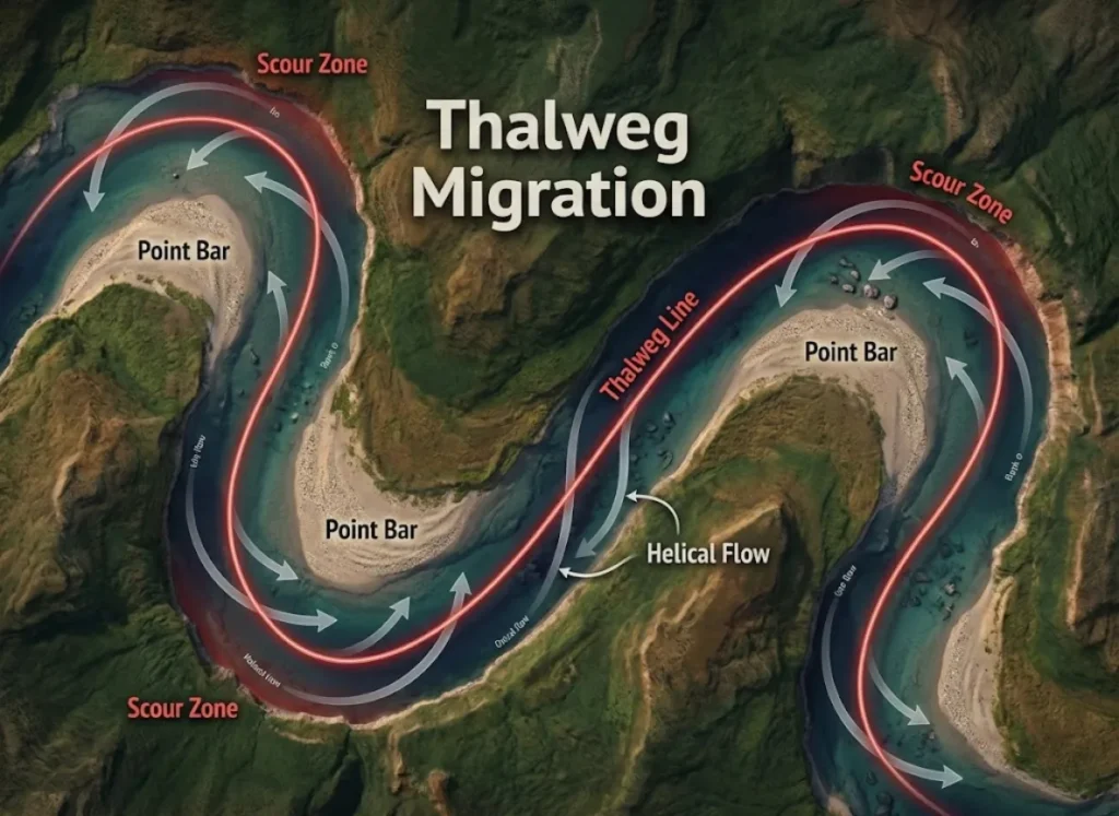 A top-down 3D vector-style infographic of a winding river, highlighting the Thalweg line in red as it shifts from the center to the outer banks, illustrating flow velocity and helical currents.