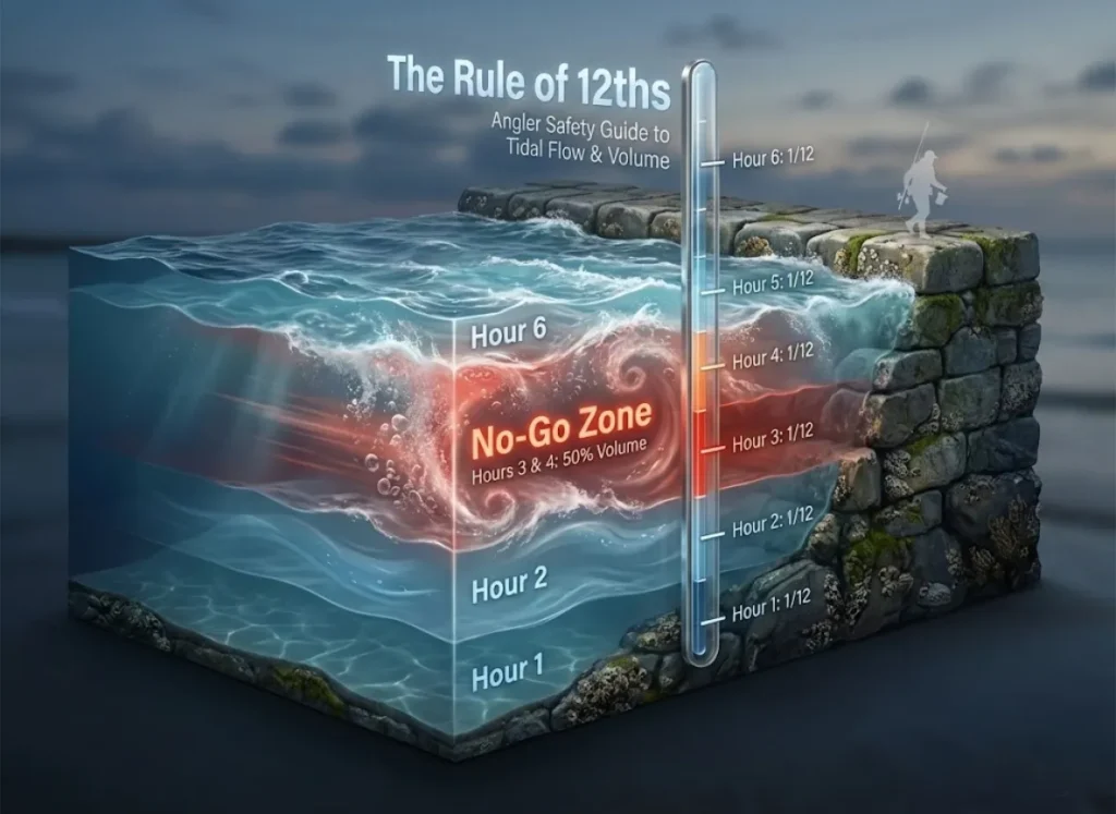 A 3D isometric infographic illustrating the 'Rule of 12ths' for tidal safety. A cross-section of a coastal jetty shows water levels rising. A graphical overlay highlights Hours 3 and 4 in red as the 'Danger Zone' where 50% of the water volume moves, contrasted against slower movement in Hours 1 and 2.