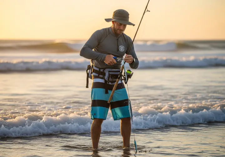 A full-body shot of a surf fisherman using pliers to cut a fishing line on a beach during a beautiful sunset.