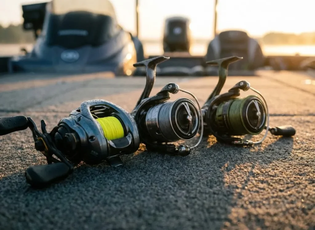 Three fishing reels spooled with different colored braided lines sitting on a boat deck at sunrise.