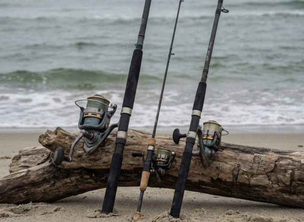A comparison lineup of heavy offshore, medium surf, and light inshore saltwater spinning reels set against an ocean background.