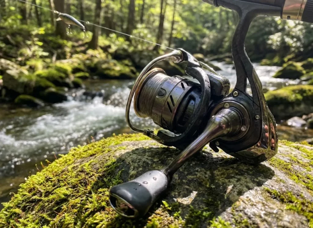 A high-quality spinning reel resting on a mossy rock beside a river.