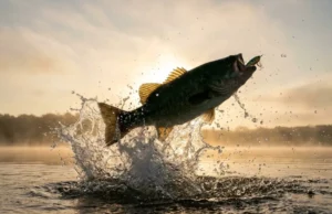 Topwater Fishing Guide: Physics, Lures & Techniques A largemouth bass explosively breaching the water surface to attack a topwater fishing lure during sunrise.
