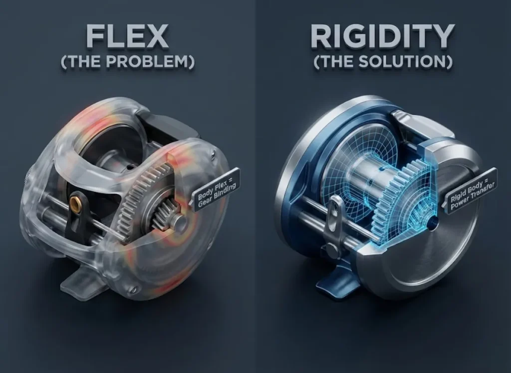 A detailed split-screen engineering cross-section of two fishing reels. The left side shows a composite body flexing under pressure with misaligned gears labeled "Body Flex." The right side shows a rigid metal body with perfectly aligned gears labeled "Zero Distortion."