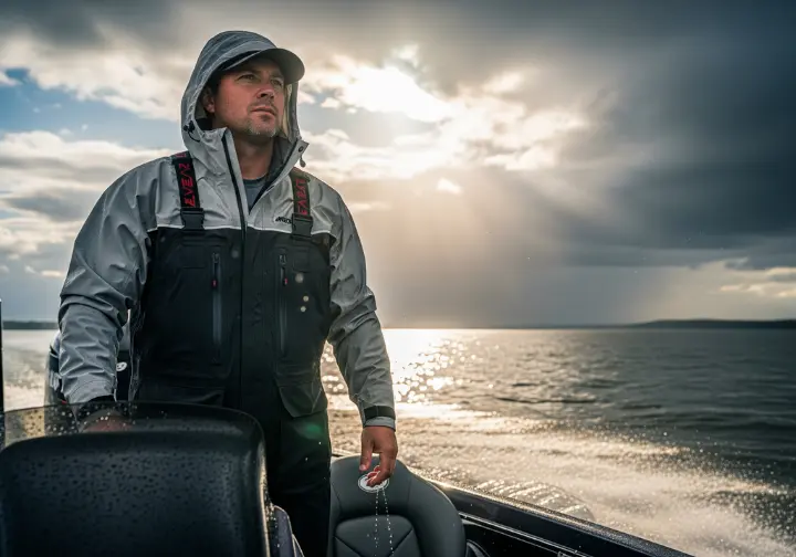 A man in a professional-grade rain suit stands at the helm of a moving bass boat, fully protected from water spray.