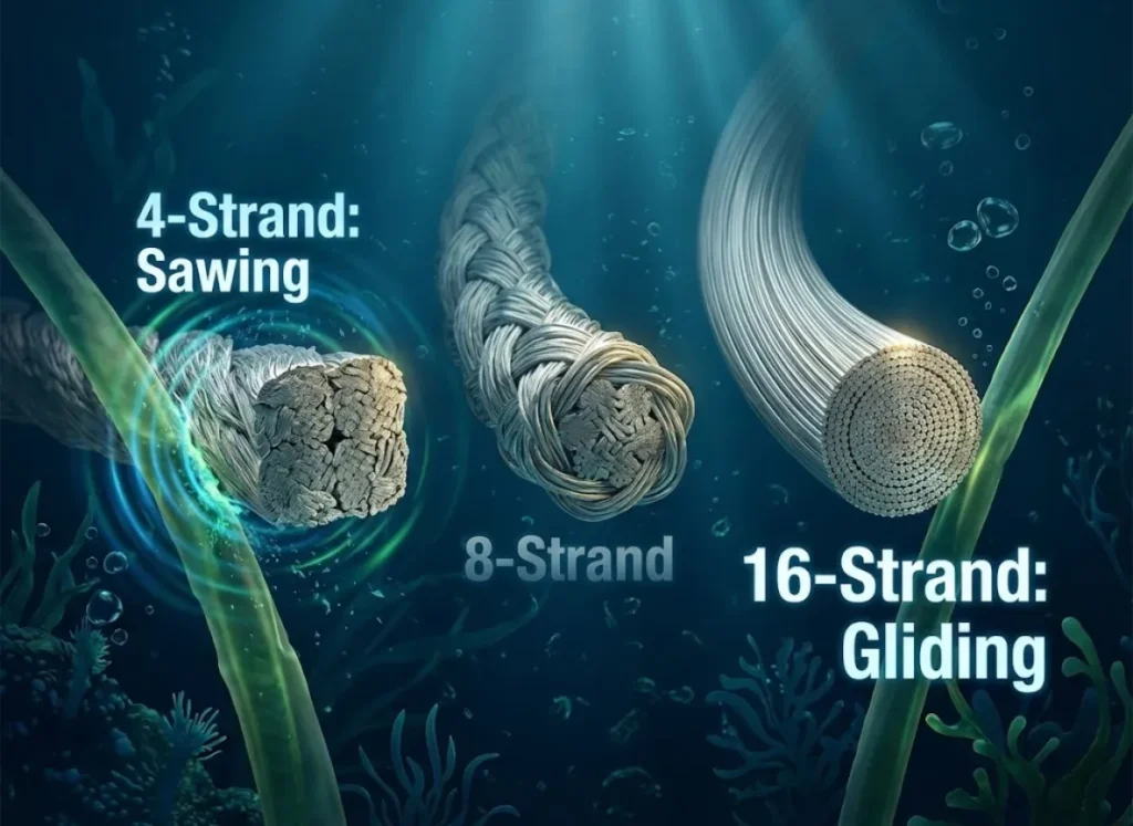 A high-definition microscopic cross-section comparison of 4-strand, 8-strand, and 16-strand fishing braids, visualizing the difference between rough, square profiles and smooth, round profiles in an aquatic environment.